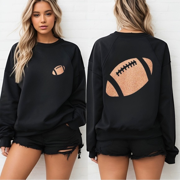 Tops - Glitter Football Sweatshirt – Soft Black Game Day Pullover for Sporty Glam